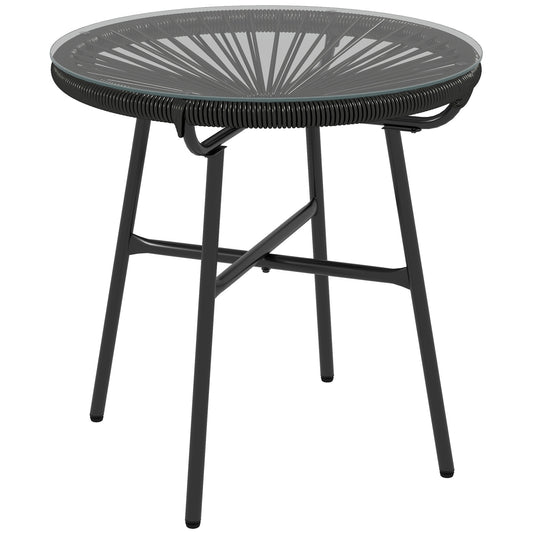 Outsunny Rattan Side Table, Round Outdoor Coffee Table, with Round PE Rattan and Tempered Glass Table Top for Patio, Garden, Balcony, Black