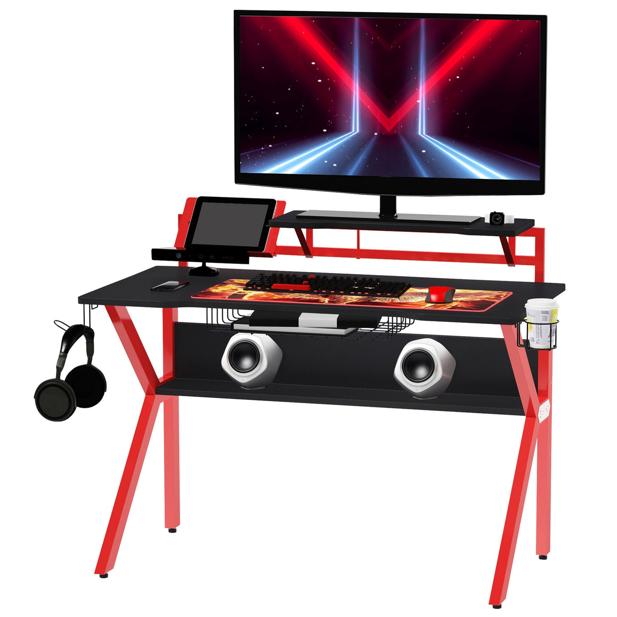 HOMCOM Gaming Desk, Computer Table with Monitor Stand, Cup Holder, Headphone Hook, Wire Basket and Metal Frame, 120cm, Red