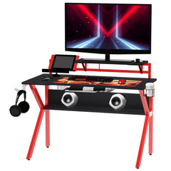 HOMCOM Gaming Desk, Computer Table with Monitor Stand, Cup Holder, Headphone Hook, Wire Basket and Metal Frame, 120cm, Red