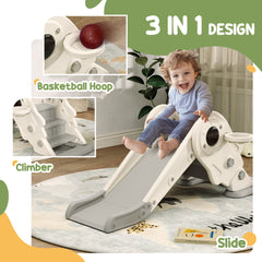 AIYAPLAY 3-in-1 Kids Slide with Basketball Hoop, Climber, Anti-Slip Steps for Toddlers, Ages 2-5 Years, Cream White