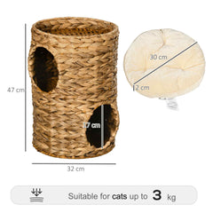 PawHut 47cm Cat Barrel Tree for Indoor Cats with 2 Condos, Kitten Tower with Cushion - Light Brown