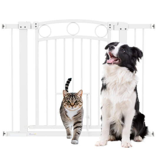 PawHut 77cm Tall Dog Gate with Cat Door, 7cm and 14cm Extensions, for Stairs, Doorways, 76-104cm Width