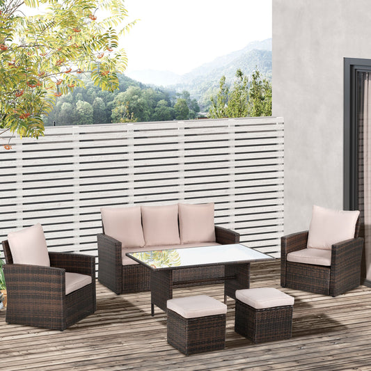 Outsunny Six-Piece Rattan Sofa Set, with Glass-Top Table - Mixed Brown