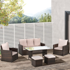 Outsunny Six-Piece Rattan Sofa Set, with Glass-Top Table - Mixed Brown