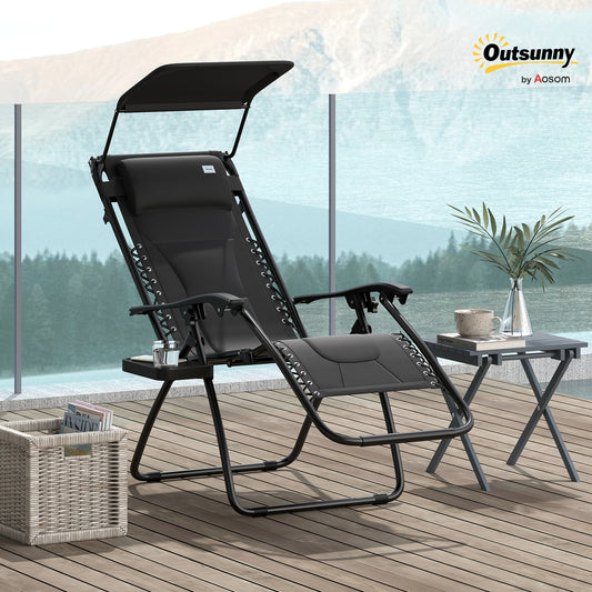 Outsunny Zero Gravity Lounger Chair, Folding Reclining Patio Chair with Shade Cover, Padded Seat, Cup Holder, Soft Cushion and Headrest for Poolside, Camping, Black