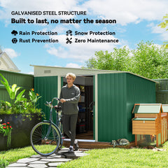 Outsunny Garden Metal Storage Shed Outdoor Metal Tool House with Double Sliding Doors and 2 Air Vents, 11.3x9.2ft, Green