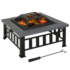 Outsunny Metal Large Firepit Outdoor Square Fire Pit Brazier w/ Rain Cover, Lid, Log Grate, Poker for Backyard, Camping, BBQ, Bonfire, Wood Burning Stove, 86 x 86 x 54cm, Black