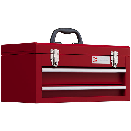 DURHAND Lockable Metal Tool Box, 2 Drawer Tool Chest with Latches, Handle, Ball Bearing Runners, Red