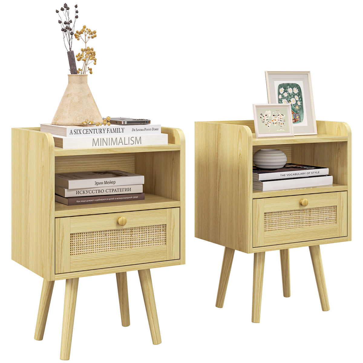 HOMCOM Set of Two Rattan Weave Bedside Tables - Wood Effect