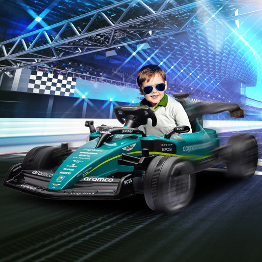 AIYAPLAY Aston Martin Licensed 12V Kids Ride on Racing Kart w/ Bluetooth, 4 Suspension Wheels, Music Lights Horn, Green