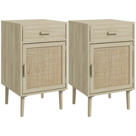 HOMCOM Bedside Table Set of 2, Rattan Side Tables with Drawer, Cabinet and Adjustable Shelf, Boho Bedside Cabinet with Storage for Bedroom, Living Room, Natural Wood Effect