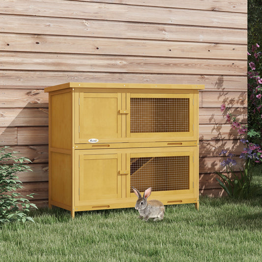 PawHut Double Decker Rabbit Hutch 2 Tier Guinea Pig House Pet Cage Outdoor with Sliding-out Tray, 100 x 47 x 91cm, Yellow