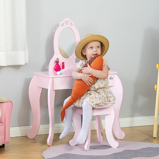 HOMCOM Kids Vanity Table & Stool Girls Dressing Set Make Up Desk Chair Dresser Play Set with Mirror Pink