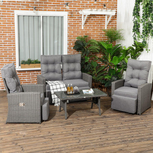 Outsunny 4 Piece Rattan Garden Furniture Set Outdoor Sofa Sectional Set with Glass Top Table for Poolside, Grey