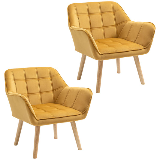 HOMCOM Armchair Accent Chair, Vanity Chair with Wide Arms, Slanted Back, Padding, Metal Frame, Wooden Legs, Home Bedroom Furniture Seating, Set of 2, Yellow