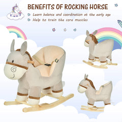 HOMCOM Kids Children Rocking Horse Plush Ride On Donkey Seat w/ Sound Wood Base Seat Safety Belt Toddler Baby Toy Rocker Grey 18 - 36 Months