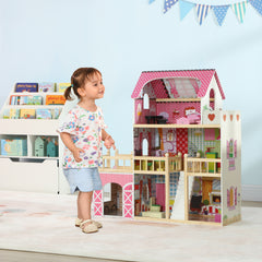 AIYAPLAY 3 Levels Dolls House Play Set with 13 Wooden Furniture Pieces and Accessories,