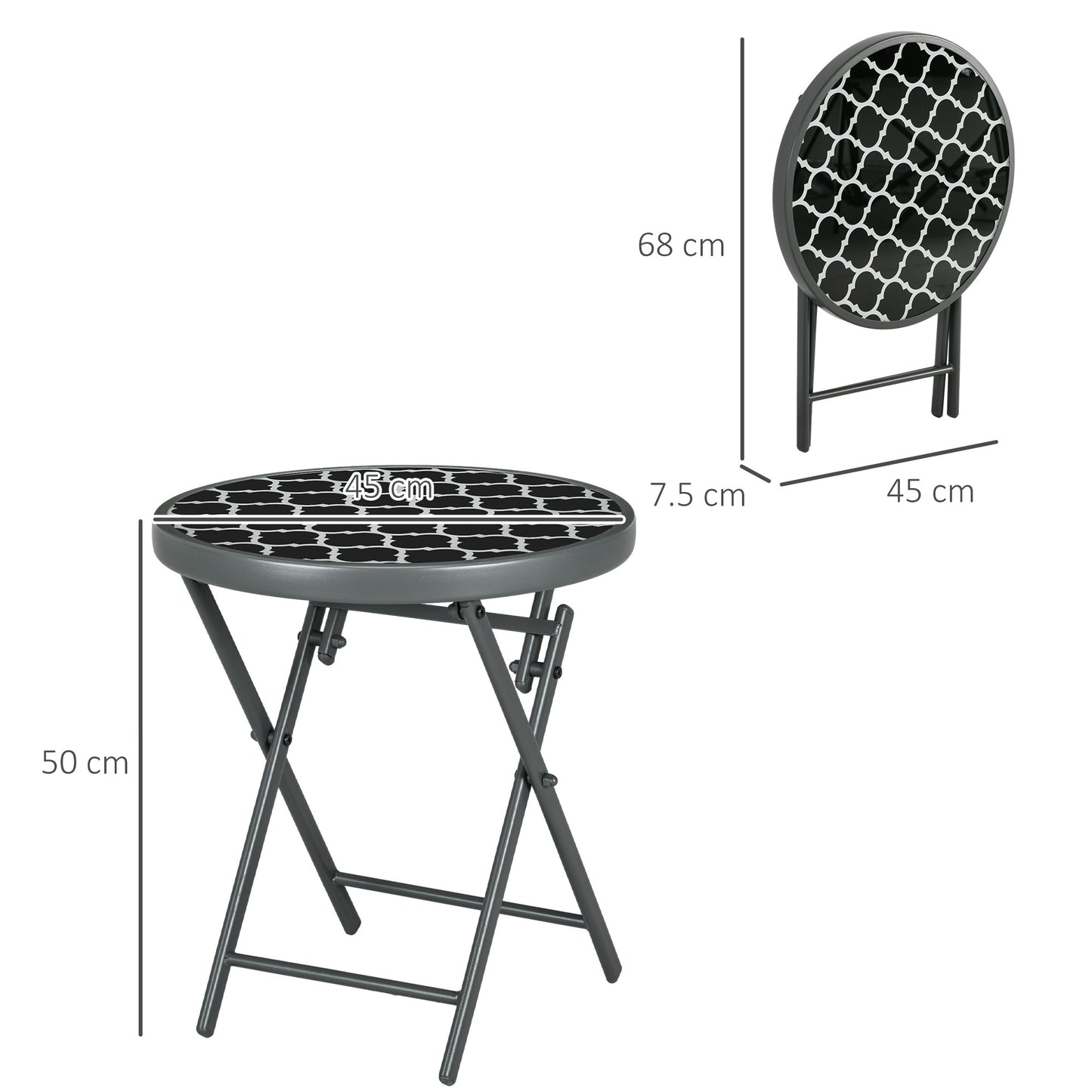 Outsunny â45cm Garden Side Table, Outdoor Round Folding Patio Table with Imitation Marble Glass Top, Small Coffee Table, Black and White