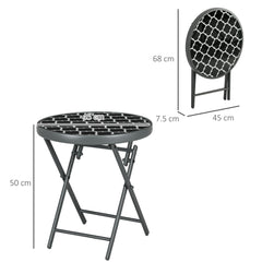 Outsunny 45cm Garden Side Table, Outdoor Round Folding Patio Table with Imitation Marble Glass Top, Small Coffee Table, Black and White