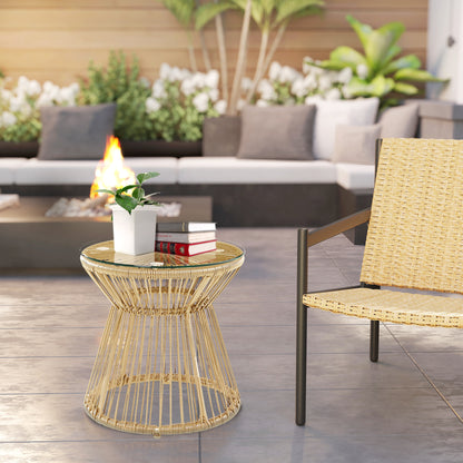 Outsunny Round End Table, Rattan Side Table, Hollow Drum Design Coffee Table w/ Glass Tabletop for Patio, Garden, Balcony Natural