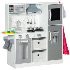 AIYAPLAY Toy Kitchen with Lights, Sounds, Apron and Chef Hat, Ice Maker, Microwave, for Ages 3-6 Years - White