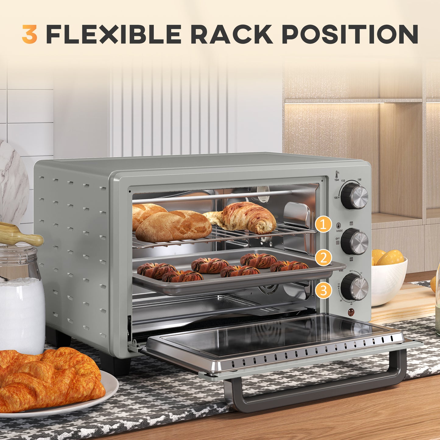 HOMCOM 21L Mini Countertop Oven, 100√Ç¬∞C-230√Ç¬∞C Adjustable Temp - Silver Tone