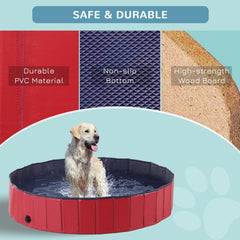 PawHut Foldable Dog Paddling Pool Pet Cat Swimming Pool Indoor/Outdoor Collapsible Summer Bathing Tub Shower Tub Puppy Washer (â160 √É‚Äî 30H cm, Red)