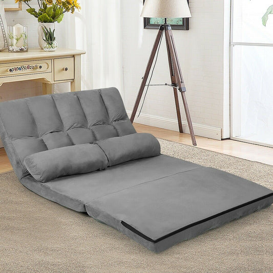 2 in 1 Folding Lazy Sofa Bed with 6 Adjustable Seat Positions and 2 Pillows-Grey