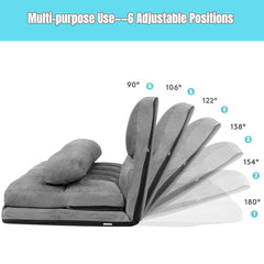 2 in 1 Folding Lazy Sofa Bed with 6 Adjustable Seat Positions and 2 Pillows-Grey