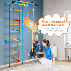 Swedish Ladder Set with Climbing Frame Pull-up Bar Ropes and Rings-Yellow &amp; Blue