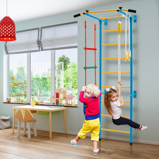 Swedish Ladder Set with Climbing Frame Pull-up Bar Ropes and Rings-Yellow &amp; Blue