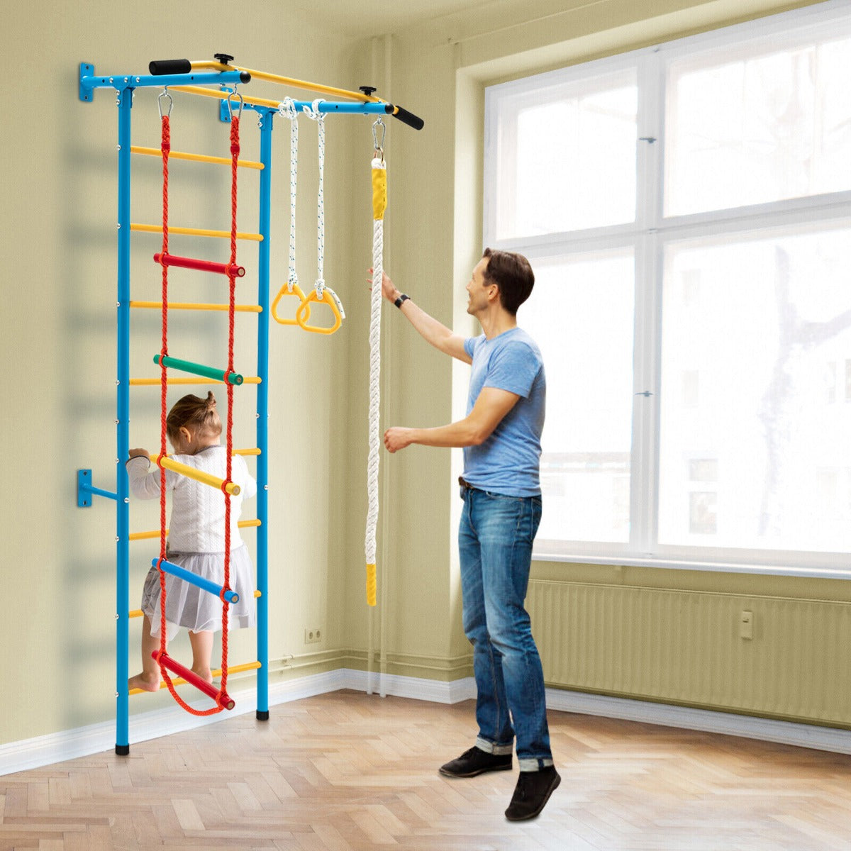 Swedish Ladder Set with Climbing Frame Pull-up Bar Ropes and Rings-Yellow &amp; Blue