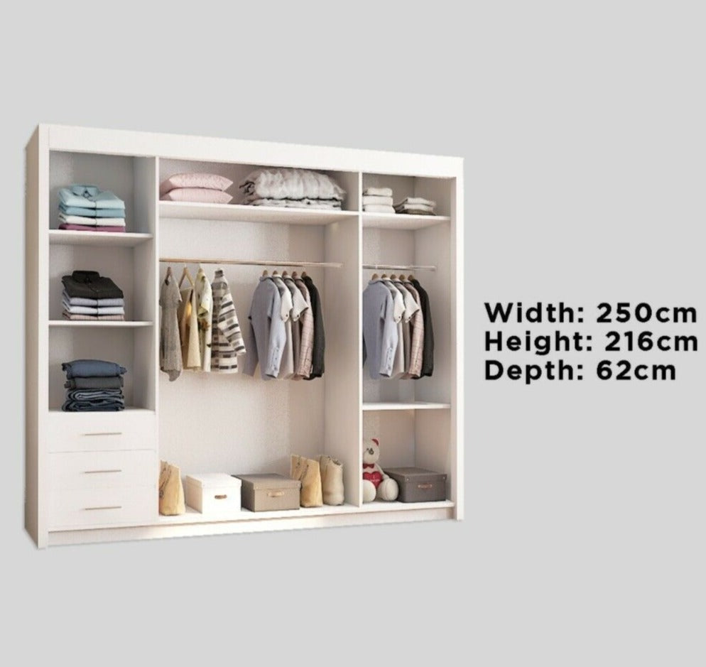 Giovany 250cm Large Sliding Wardrobe - White - Black - Grey