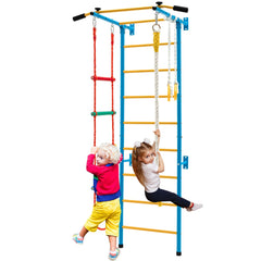 Swedish Ladder Set with Climbing Frame Pull-up Bar Ropes and Rings-Yellow &amp; Blue