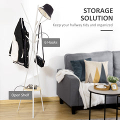 HOMCOM Freestanding Metal Coat Rack Stand 9 Hooks Clothes Tree with 1 Shelf Hat Display Hall Tree Hanger Bag Umbrella Hanging Organiser White