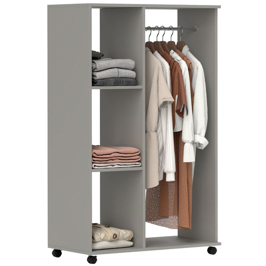 HOMCOM Open Wardrobe on Wheels, Bedroom Wardrobe with Clothes Hanging Rail, 3 Storage Shelves, Mobile Garment Rack for Cloakroom, Hallway, Grey