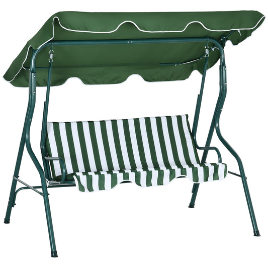 Outsunny 3 Seater Garden Swing Seat Chair Outdoor Bench with Adjustable Canopy and Metal Frame, Green Stripes