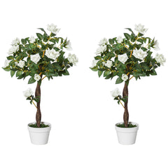 Outsunny Set of 2 Artificial Plants White Rose Floral in Pot, Fake Plants for Home Indoor Outdoor Decor, 90cm