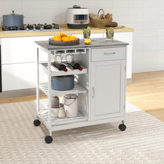 HOMCOM Compact Kitchen Trolley Utility Cart on Wheels with Wine Rack, Drawer, Open Shelf and Storage Cabinet for Dining Room, White