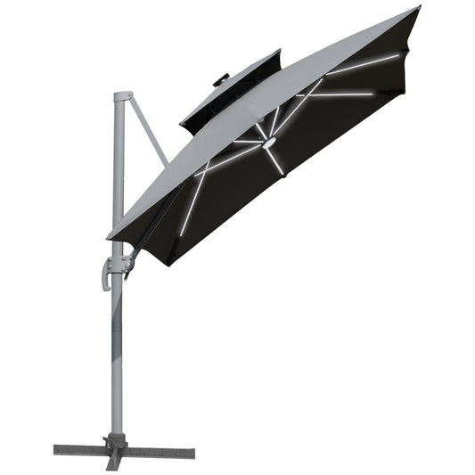 Outsunny 3m Cantilever Parasol, Outdoor Offset Patio Umbrella, Solar LED Lighted Hanging Sun Shade Canopy with Tilt and Crank Handle, Cross Base for Lawn, Beach and Poolside, Grey