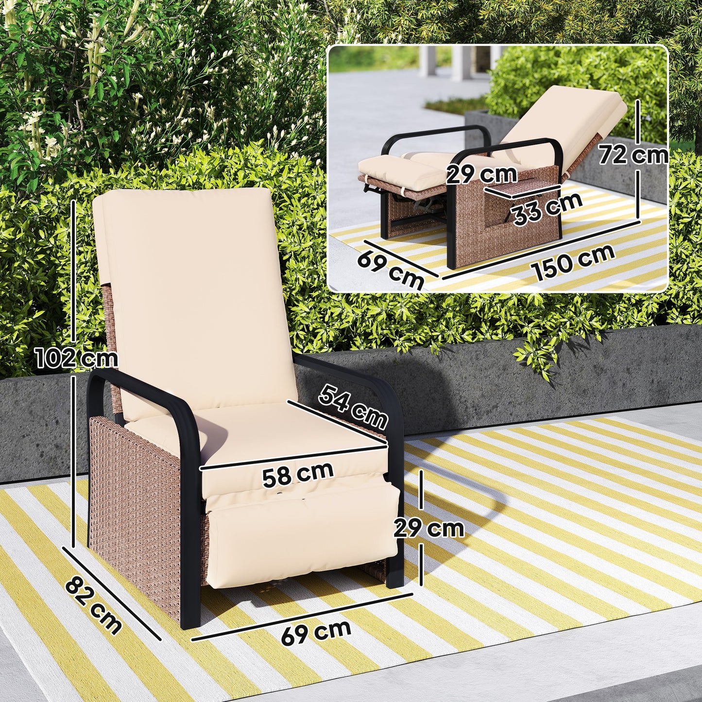 Outsunny 140√Ç¬∞ Reclining Rattan Armchair - Brown/Khaki