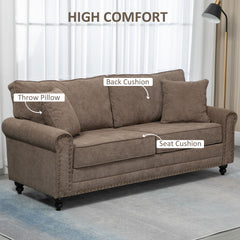 HOMCOM 3 Seater Sofas for Living Room, Fabric Sofa with Nailhead Trim, Cushions and Pillows, Brown