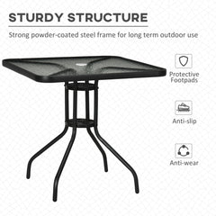 Outsunny Square Patio Table, Tempered Glass Top Bistro Table, Garden Dining Table, Outdoor Accent Coffee Table 76 x 76cm Steel Frame with Umbrella Hole