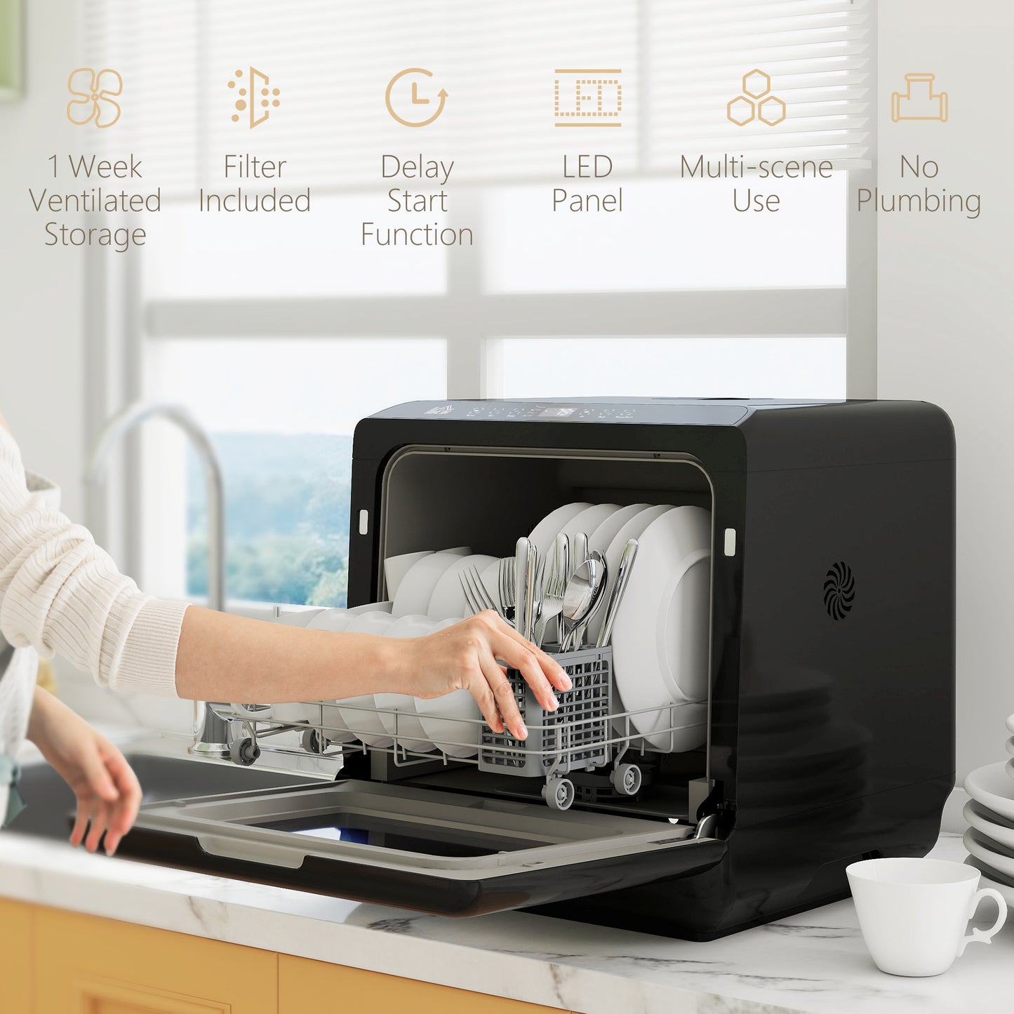 HOMCOM Table Top Dishwasher, Mini Countertop Dishwasher with Built-in 6L Water Tank, 6 Programs, Touch Control, LED Display, 4 Place Settings, Dual Water Supply and Air Drying Function, Black