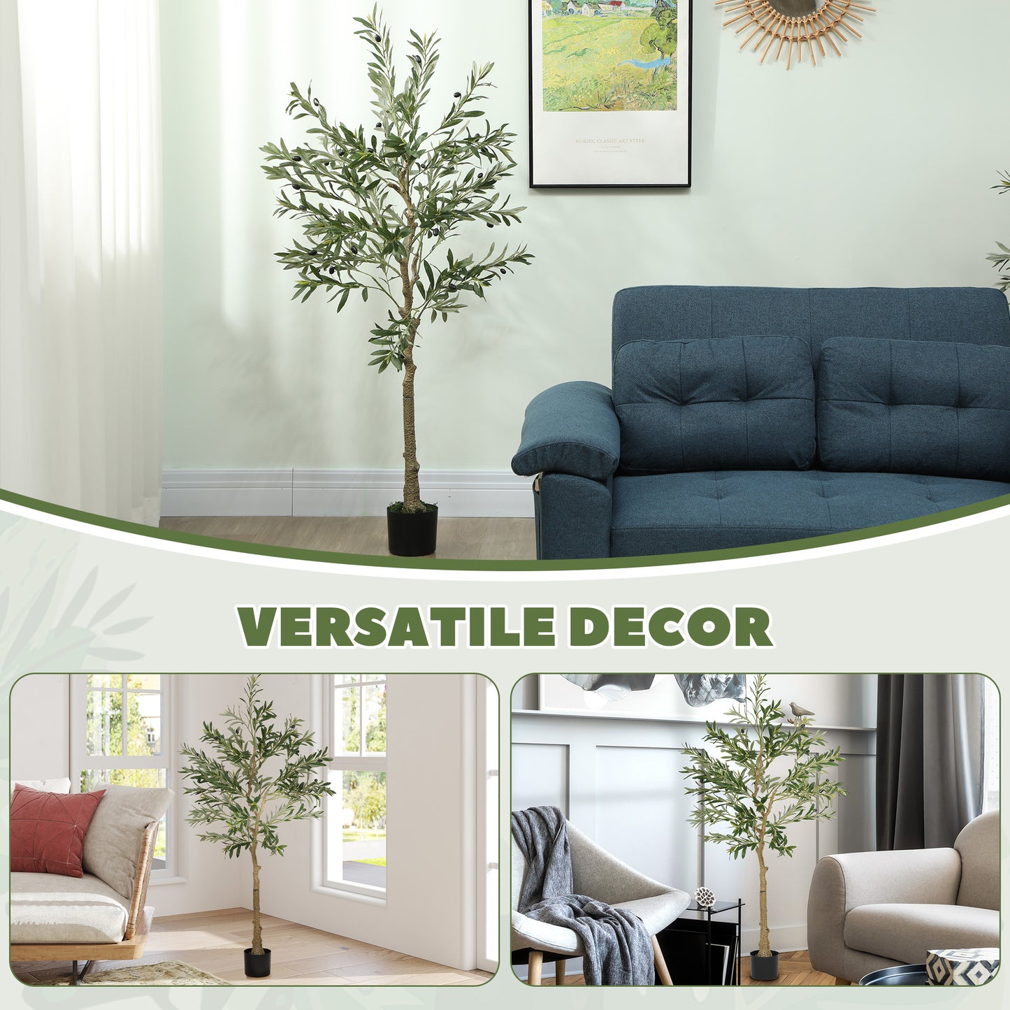 HOMCOM 5ft/ 150cm Decorative Artificial Plant, Silk Olive Tree with 720 Leaves and 32 Olive Fruits in Pot, Fake Plant for Home, Office, Living Room, Indoor Decor