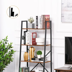 HOMCOM Bookcase 4-Tier Vintage Ladder Shelf with Wood Storage Rack, Stand Plants Display, Black and Brown