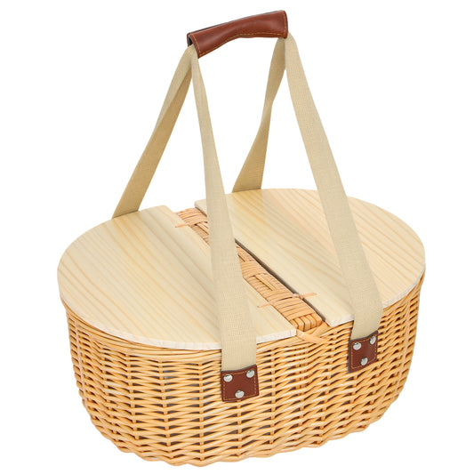 Outsunny Wicker Picnic Basket for 2 with Pine Wood Lid, Picnic Hamper with Cooler Compartment, Cutlery Service Kits, Carry Handle for Camping, Outdoor, Valentine Day, Chirtmas, Birthday, Light Brown