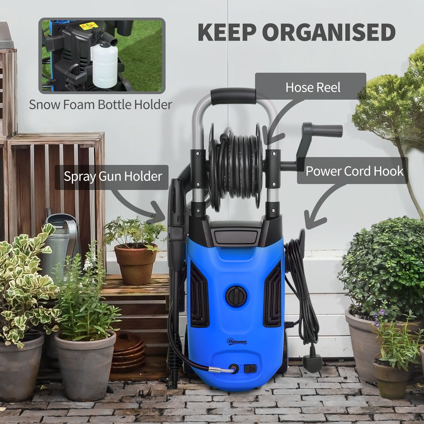 Outsunny 1800W High√Ç Pressure√Ç Washer, 150 Bar Pressure, 420 L/h Flow, Portable Power Washer Jet Wash Cleaner with Adjustable Nozzle, 6M Hose, Hose Reel, Steel Handle for Home Patio Car Driveway, Blue