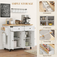 HOMCOM Rolling Kitchen Island Storage Trolley with Rubber Wood Top & Drawers for Dining Room, Cream White