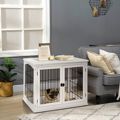 PawHut Dog Crate Furniture, Puppy Crate End Table, Pet Kennel House with 2 Doors for Medium and Small Dogs, 81 x 58.5 x 66 cm, White